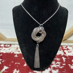Silver Tone Mesh and Tassel Pendant Necklace on a Rope Chain.